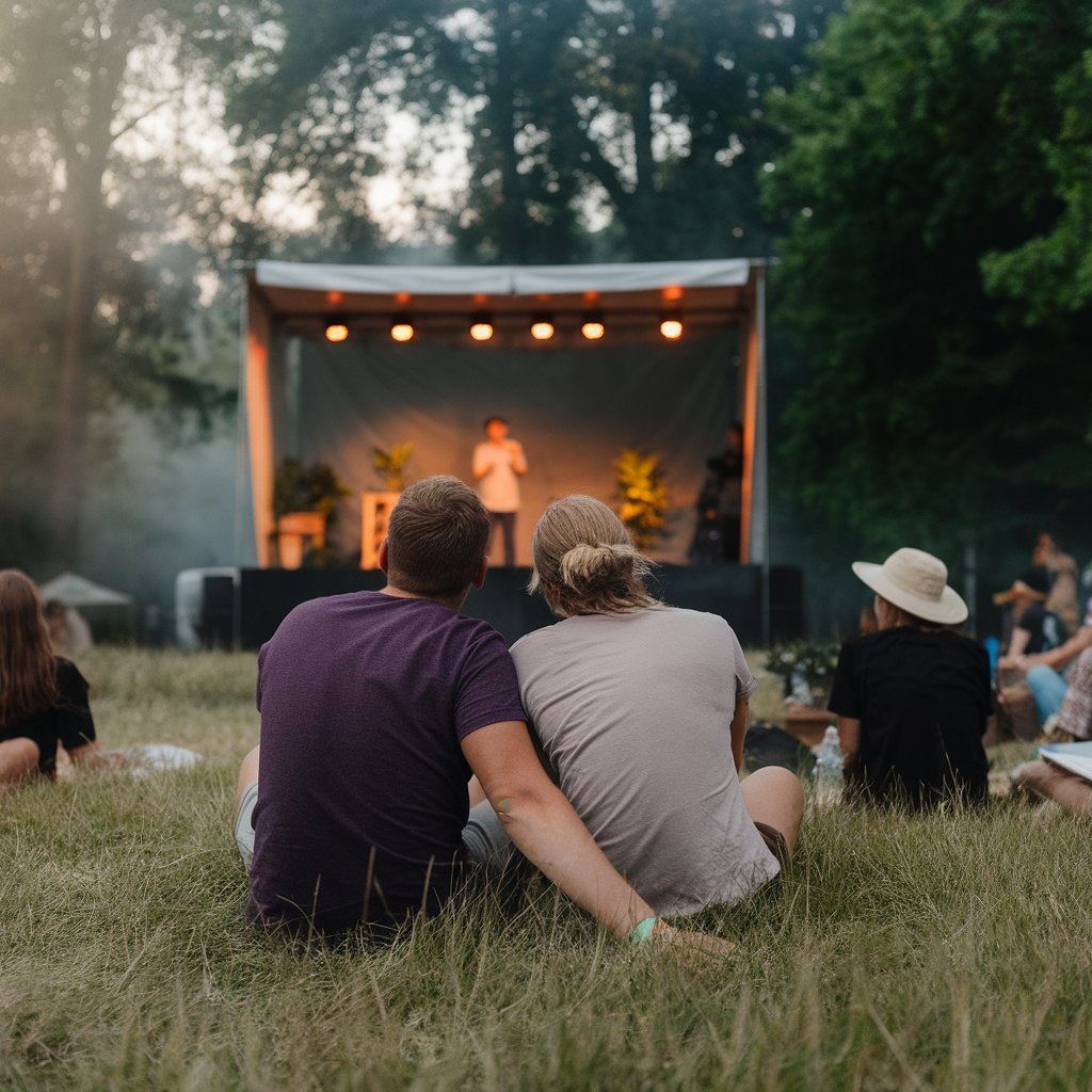 A photo of a couple sitting on the grass, listening to a talk at a small eco festival. The stage is small and simple, with just one person standing and giving a talk to a crowd. The crowd is small, but everyone else is out of focus. The background is lush with trees. The atmosphere is warm and inviting, with a slight haze.