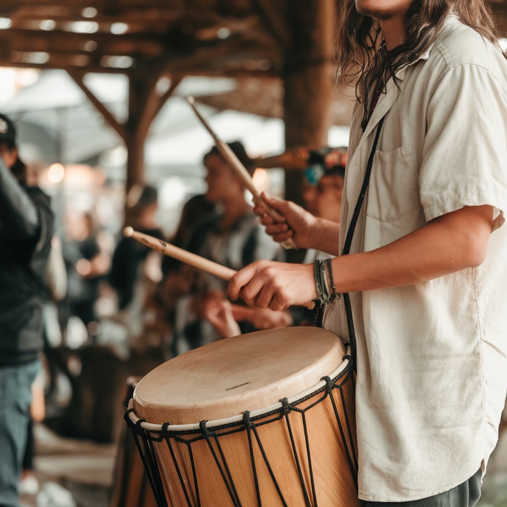 A photo of a person playing a natural drum at a festival. The person is wearing a white shirt and has long hair. They are standing in a setting with a wooden structure, and there are other people in the background. The background is slightly blurred. The lighting is warm.