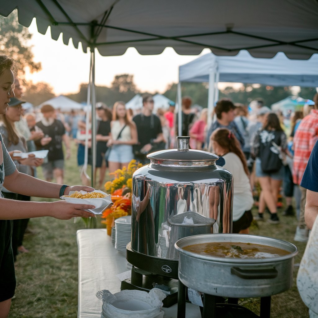 A photo of a festival tent at a summer festival. A person is handing out nourishing food, specifically soup, from a soup urn. The background is filled with people enjoying the festival. The lighting is slightly hazy, possibly due to the sunset.